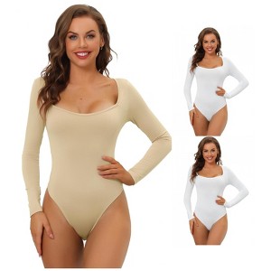 Allegra K Women's Long Sleeve Slim Fit Stretchy Square Neck Leotard Jumpsuit 3 Packs - 1 of 4