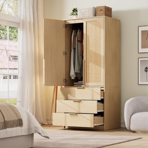 Rattan Armoire Wardrobe Closet with 3 Drawers and 2 Doors, Modern Wooden Wardrobe Cabinets for Hanging Clothes - 1 of 4