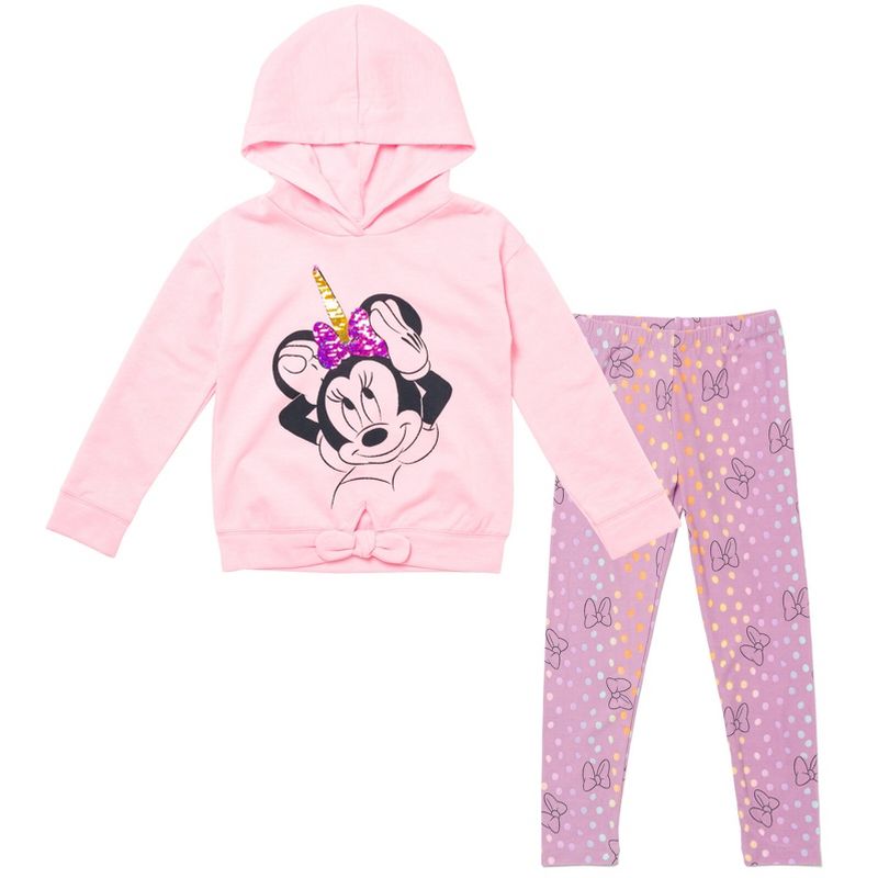 Disney Minnie Mouse Girls Sequin Pullover Fleece Hoodie Leggings Outfit Set Toddler to Big Kid, 1 of 8