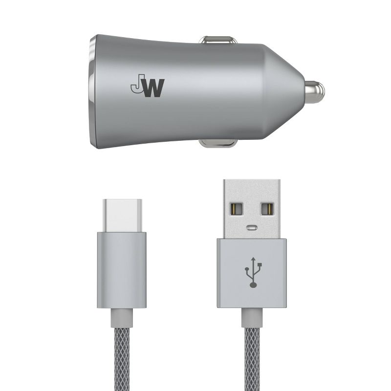 Just Wireless 3.4A/17W 2-Port USB-C &#38; QC3.0 Car Charger with 6&#39; Braided Type-C to USB Cable -Slate, 5 of 11