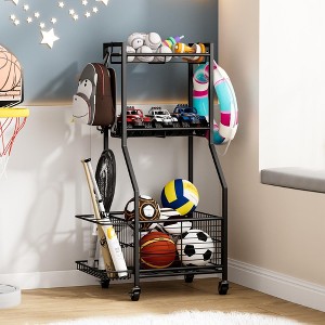 MOEPISY 17inch W Sports Equipment & Toy Storage Rack with Wheels, 3-Tier Ball Organizer for Balls, Rackets & Sports Gear - 1 of 4