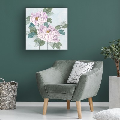 Lavender Peonies on Blue Canvas Art with Wood Frame