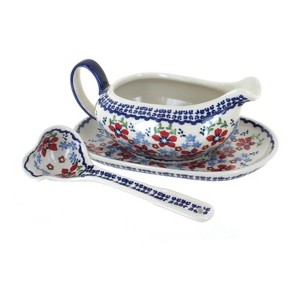 Blue Rose Polish Pottery S119 Manufaktura Gravy Boat Plate & Ladle - 1 of 2