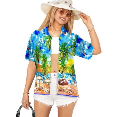 LA LEELA Women's Button Down Blouses Casual Summer Party Blouse Shirt Hawaii Short Sleeve Tropical Vacation Dress Tee Hawaiian Shirts