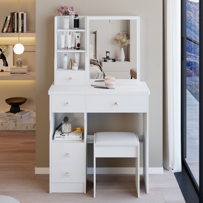 VYNXARIA 29.2" Small Size Left Drawer Desktop Vanity Table&Cushioned Stool,Extra Large Right sliding mirror,Suitable For Small Space,White
