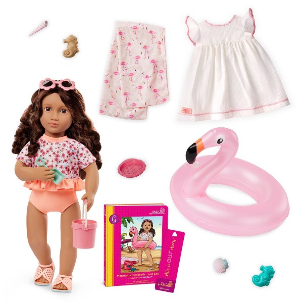 Nuestra Generación Gabriela Muñeca Articulada de 18" con Accesorios de Playa y Libro de Cuentos
