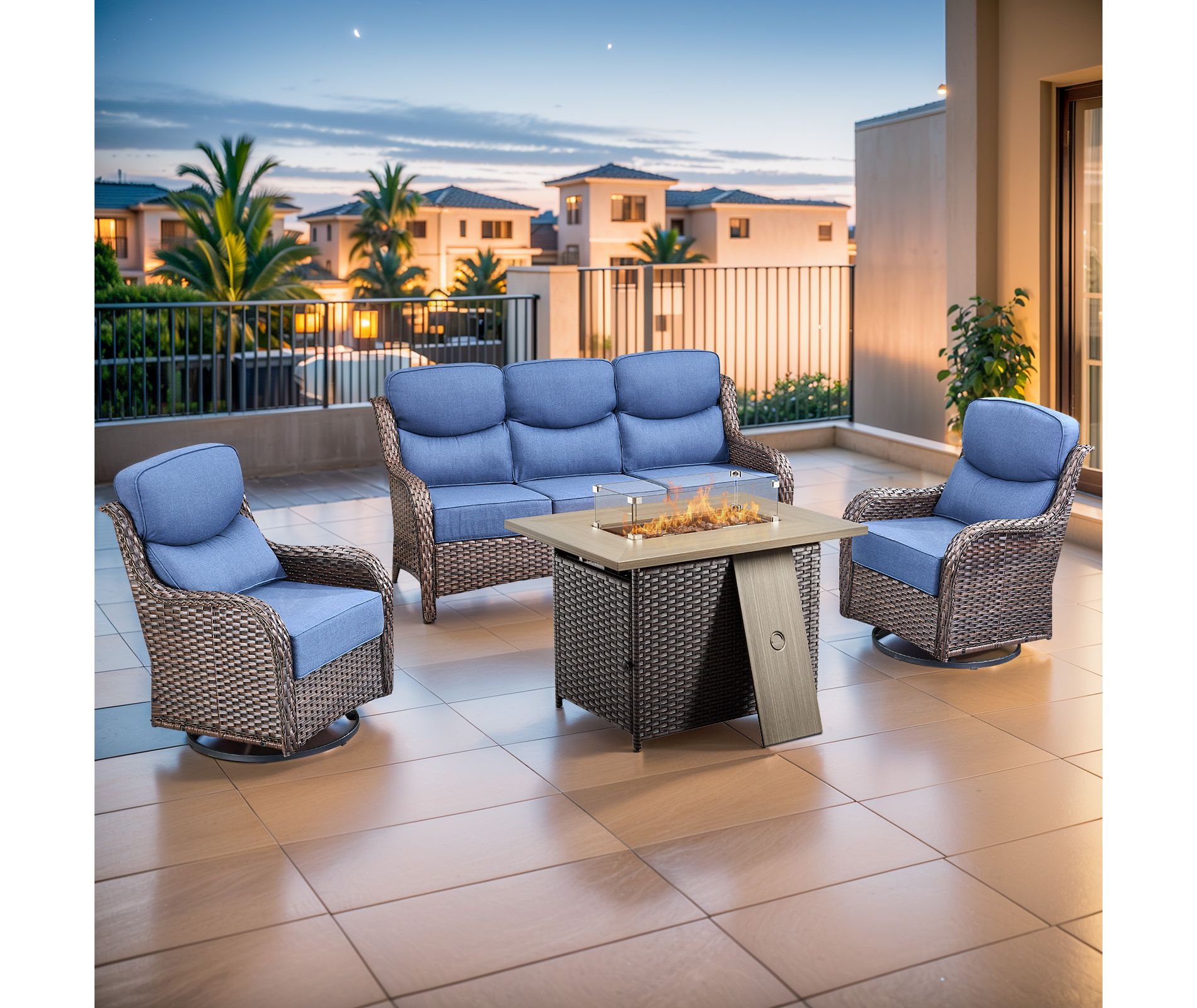 Gymojoy 4 Pieces Outdoor 6 Inch Sofa Swivel Chair with Fire Pit Table
