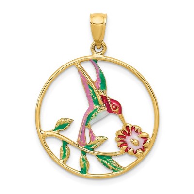 Black Bow Jewelry 14k Yellow Gold & Enamel 24mm Round Hummingbird & Flower Pendant