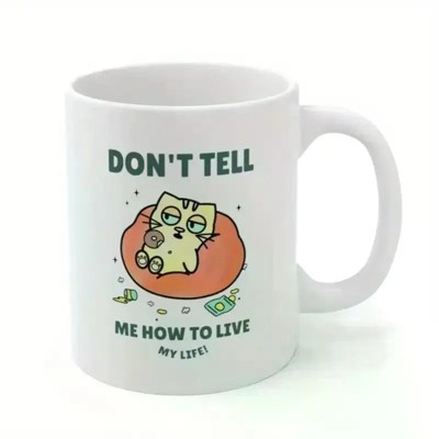 Luxurious and Practical Ceramic Coffee Mug - Unique Relatable Design with Cartoon Cat and Fish Bone Illustration