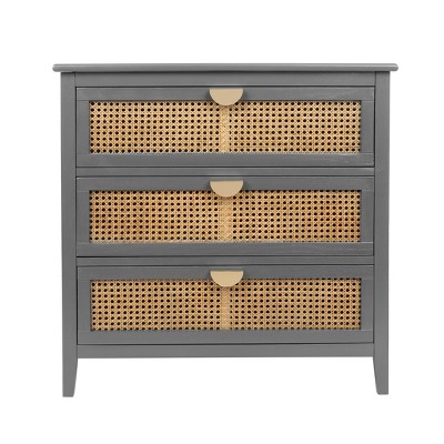 VYNXARIA Eco Chic Gray 3 Drawer Cabinet with Natural Rattan: A Slice of American Furniture Style