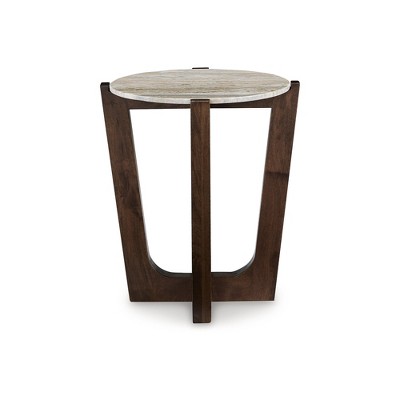 Round Brown Mango Wood and Marble End Table