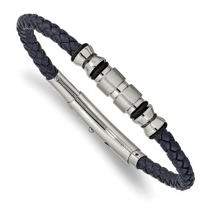 Black Bow Jewelry Stainless Steel, Green or Blue Leather Adj Bead Bracelet, 7.75-8.25 In - 1 of 4