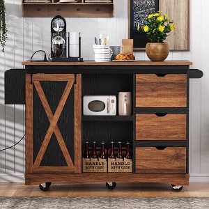 Okak Farmhouse Kitchen Cart with Drop Leaf, Rolling Countertop Organizer with Barn Door, Power Outlet, Kitchen Island for Home - 1 of 4