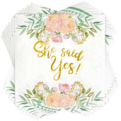 Sparkle and Bash 50 Pack Gold Foil She Said Yes Napkins for Engagement Party Supplies, Bridal Shower Decorations, 3-Ply, White, 5 x 5 In