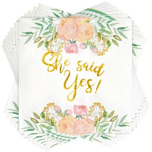 Sparkle and Bash 50 Pack Gold Foil She Said Yes Napkins for Engagement Party Supplies, Bridal Shower Decorations, 3-Ply, White, 5 x 5 In - 1 of 4
