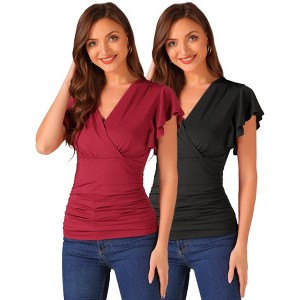 INSPIRE CHIC Women's Summer V Neck Ruffle Sleeve Casual Faux Wrap Blouse 2 Packs - 1 of 4