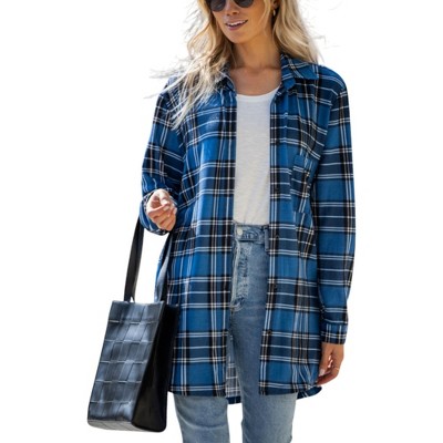 Amaryllis Women's Long Plaid Button-Up Shirt with Relaxed Fit Collared Neckline