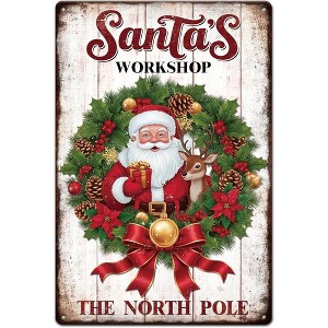 Lomsoe Christmas Santa Claus Wreath Metal Tin Sign 8x12in "Santa's Workshop" Tin Sign Wall Poster Plaque Christmas Gift - 1 of 4