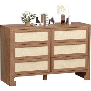Jojoka 6 Drawer Dresser with Burlap Design Wood Storage Chest for Bedroom Living Room Nursery Closet and Entryway Rustic Caramel Finish - 1 of 4