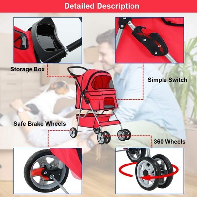Red Folding Pet Stroller with Mesh Windows