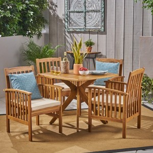Christopher Knight Home Valmont Outdoor Acacia Wood 5 Piece Dining Set with Water Resistant Cushion, Teak and Cream - 1 of 4