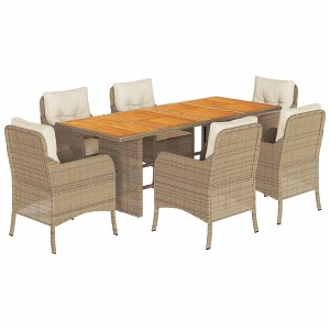 vidaXL 7 Piece Patio Dining Set - Poly Rattan & Wood - Cushions Included - Beige - Outdoor Garden/Patio Furniture - 1 of 4