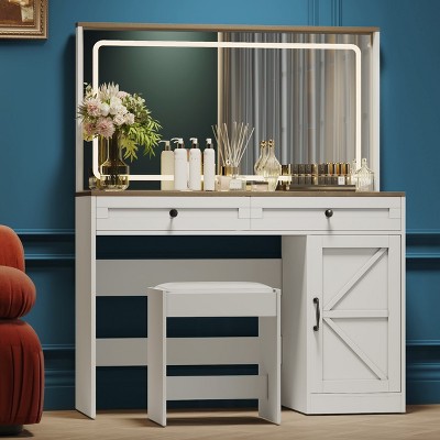 KTMBDW Makeup Vanity Desk with Lights, Large Mirror, White Vanity with 2 Drawers & 1 Cabinet, 3 Lighting Color Adjustable, Bedroom, White with Stool