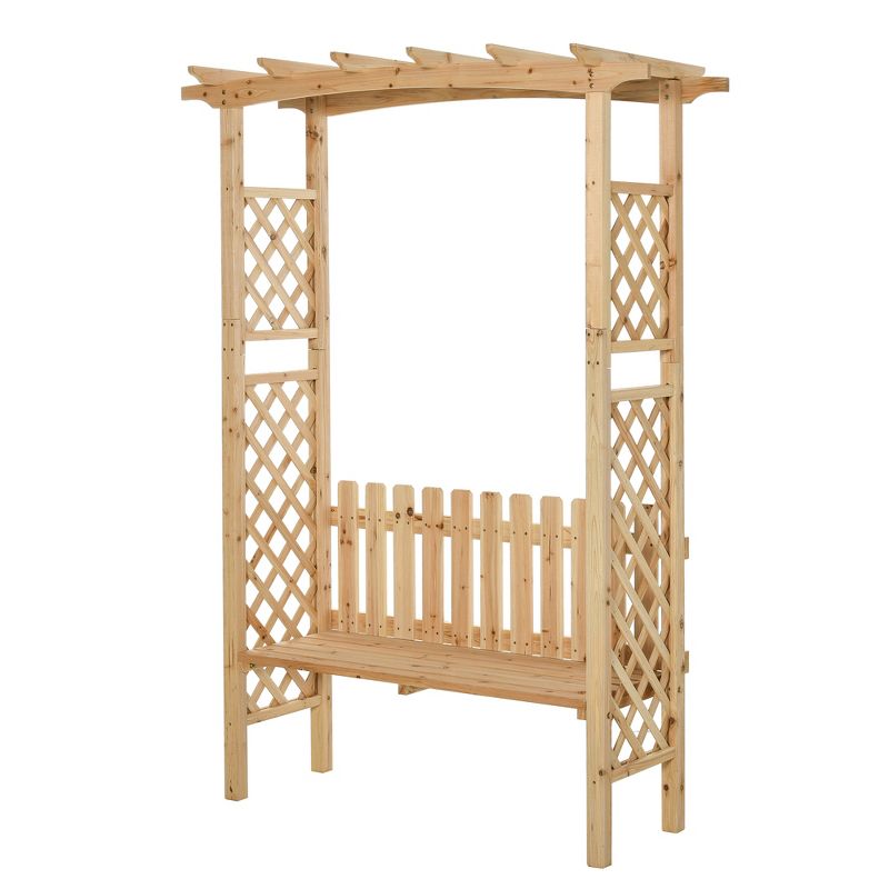 Outsunny Wooden Trellis Arbor Arch for Climbing Plants with Garden Bench, Grow Grapes & Vines, Patio Decor & 2-Person Seating, Natural, 1 of 8