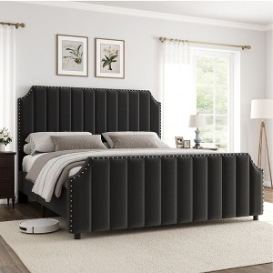 Whizmax King Size Platform Bed Frame with 50.2" Headboard, Velvet Upholstered with Vertical Channel Tufted Headboard , No Box Spring Needed, Black - 1 of 4