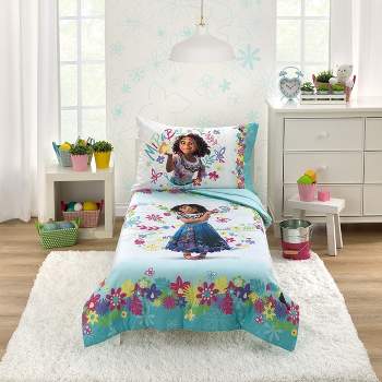 Disney Encanto Tropical Delight Pink and Aqua Flowers and Butterflies 4 Piece Toddler Bedding Set
