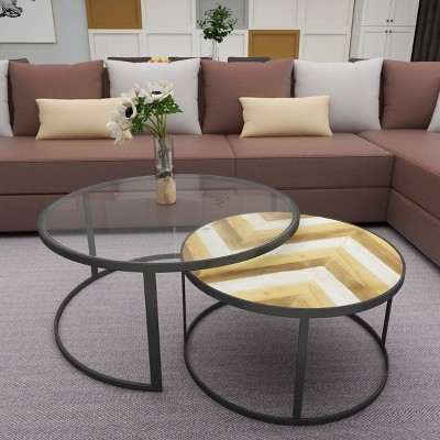 Gray and Brown Round Wood and Glass Nesting Coffee Tables