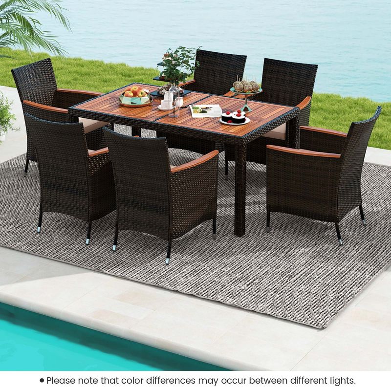 Costway 7 Pieces Outdoor Wicker Dining Set with Acacia Wood Table and 6 Stackable Chairs, 4 of 11