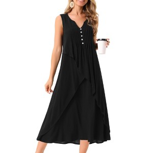 INSPIRE CHIC Women's Summer Sleeveless V Neck Button Decor Flowy Maxi Tank Beach Dress - 1 of 4