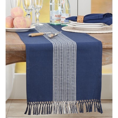 Navy Blue Cotton Stripe Design Table Runner with Fringed Edges