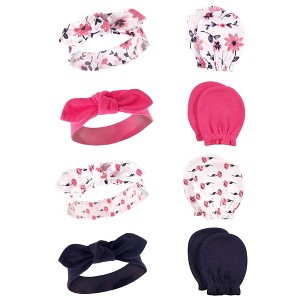 Hudson Baby Infant Girls Cotton Headband and Scratch Mitten Set, Botanical, 0-6 Months - 1 of 4