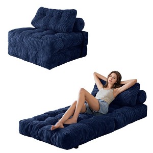 MAXYOYO Corduroy Folding Sofa Bed, Convertible Sleeper Chair with Pillow Foldable Mattress with Back Support, Navy - 1 of 4