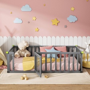 APRILSOUL Floor Bed for Kids, Solid Wood Toddler Bed Frame with Convertible Door and Safety Fence - 1 of 4