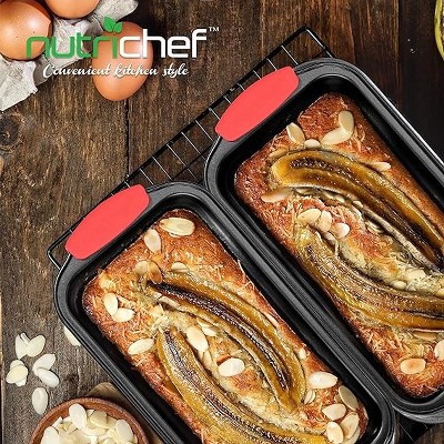 NutriChef Non-Stick Carbon Steel Loaf Pan with Red Silicone Handles