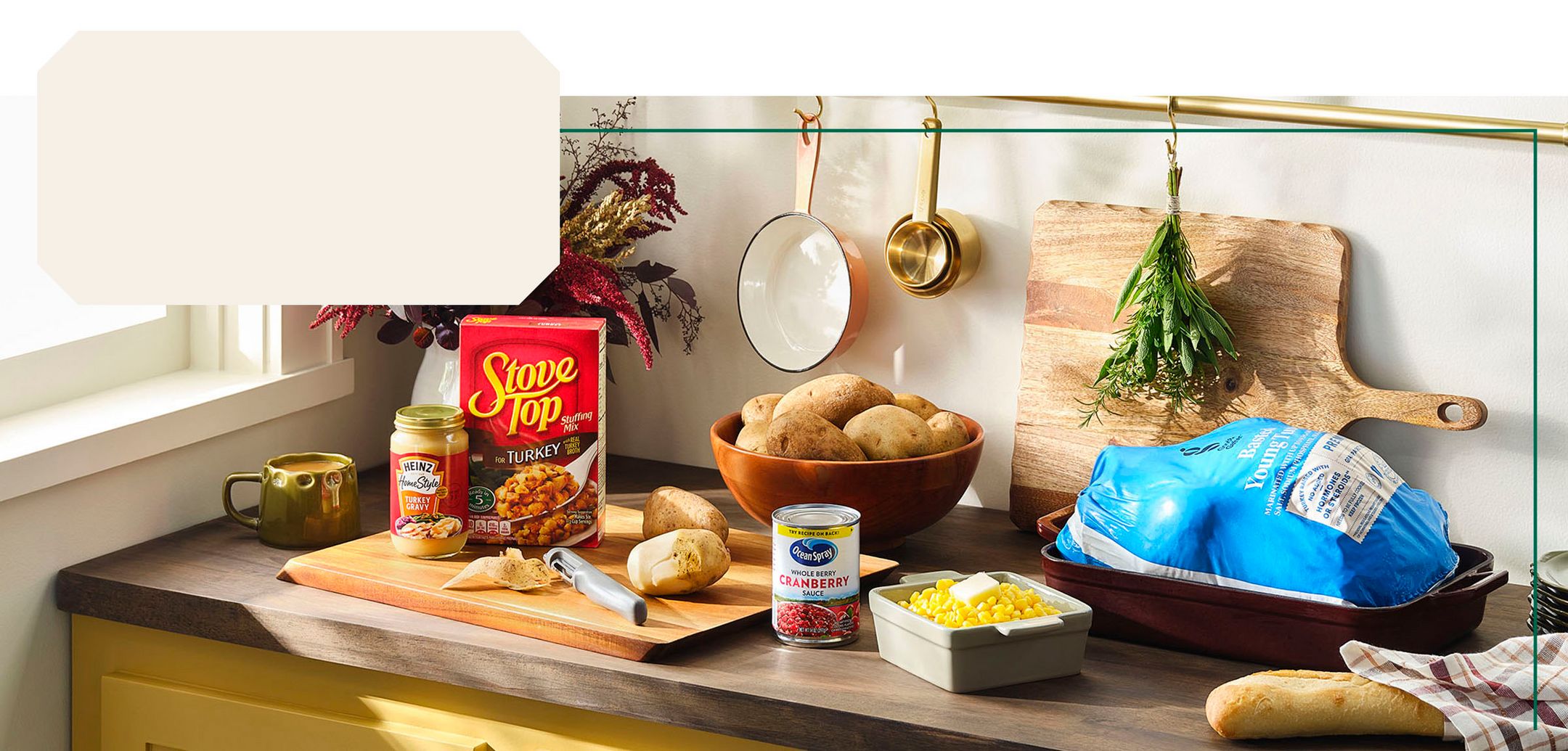 10 lb. turkey, potatoes, cranberry sauce, stuffing, gravy, french bread & corn.
Prices are pre-tax, and valid starting 11/2. Offer not valid in Alaska or Hawaii.