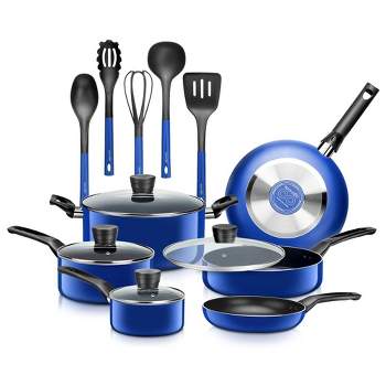 SereneLife 15 Piece Essential Home Heat Resistant Non Stick Kitchenware Cookware Set w/ Fry Pans, Sauce Pots, Dutch Oven Pot, and Kitchen Tools, Blue