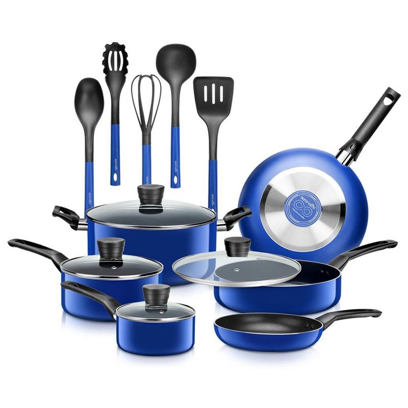 SereneLife 15 Piece Essential Home Heat Resistant Non Stick Kitchenware Cookware Set w/ Fry Pans, Sauce Pots, Dutch Oven Pot, and Kitchen Tools, Blue, 1 of 7