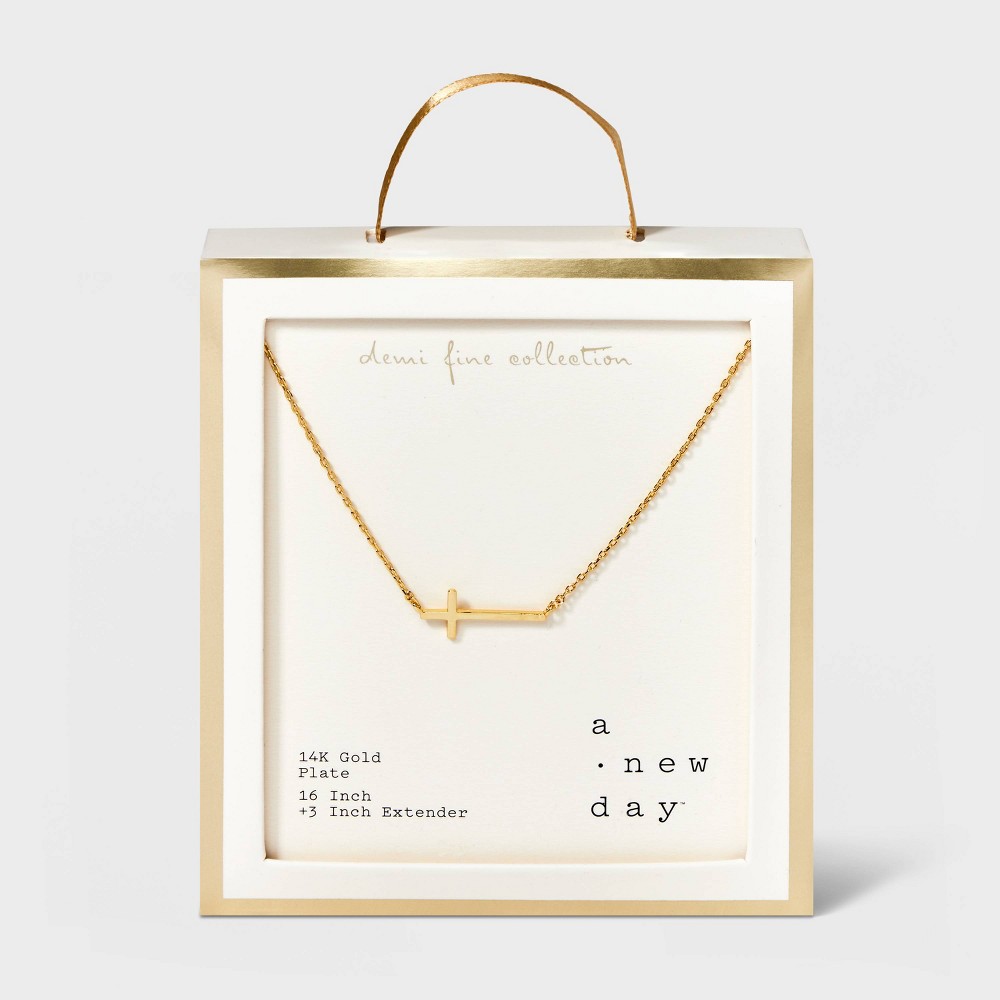 Photos - Pendant / Choker Necklace 14K Gold Plated Stationed Cross Pendant Necklace - A New Day™ Gold: Nickel-Free Religious Jewelry
