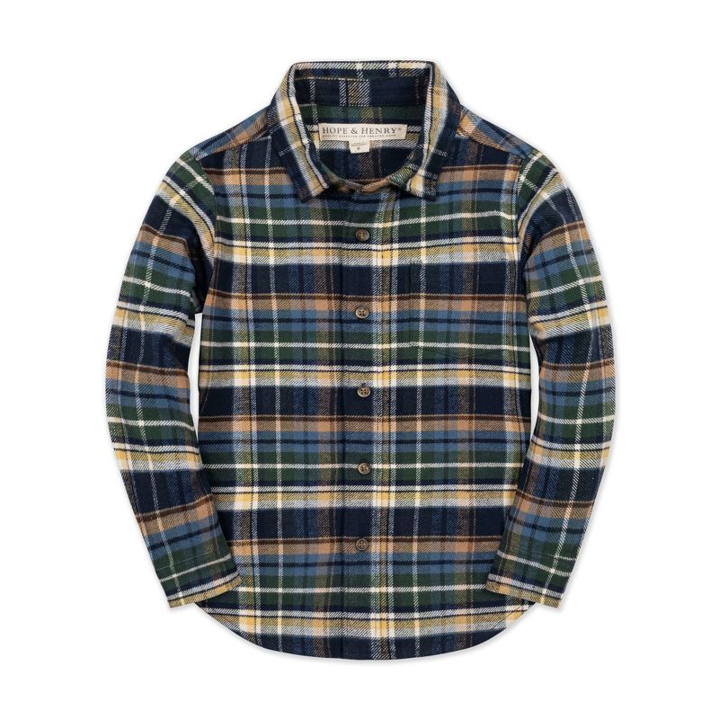 Hope & Henry Boys' Organic Long Sleeve Flannel Shirt, Navy Cottage Plaid, 4