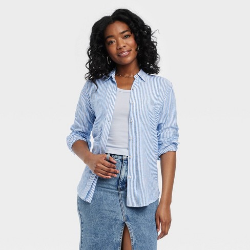 Women's Linen Long Sleeve Collared Button-down Shirt - Universal Thread™  Blue Striped Xl : Target