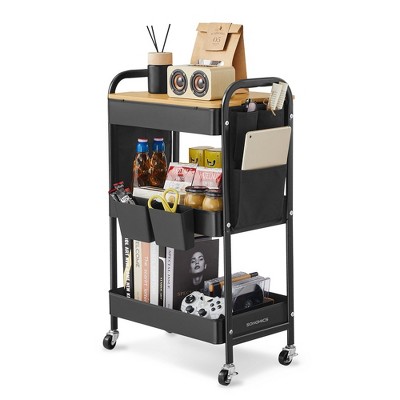 SONGMICS 3-Tier Storage Cart, Rolling Utility Cart with Table Top, 2 Removable Hanging Cups, 6 Side Pockets, Craft Cart