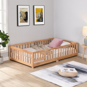 NicBex Twin Size Wood Montessori Bed with Safety Guardrails,Floor Bed Frame with Door,Modern Toddler Bed for Bedroom,Natural - 1 of 4