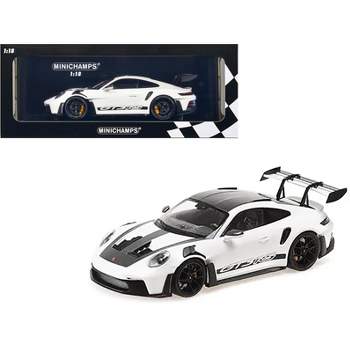 2023 Porsche 911 (992) GT3 RS White with Carbon Top and Hood Stripes Limited Ed to 300 pcs 1/18 Diecast Model Car by Minichamps