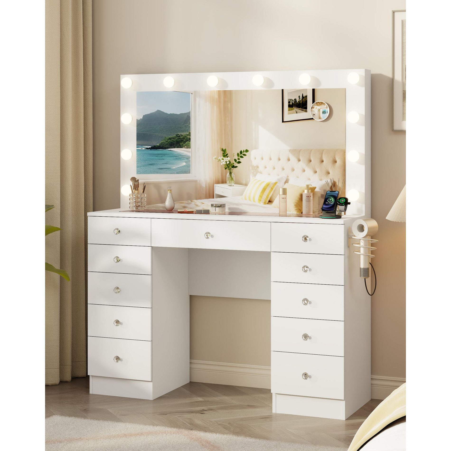 Makeup Vanity with Glass Top, 11 Drawers Vanity with Mirror and 12 LED Lights, Vanity Desk with 3 Lighting Modes Adjustable Brightness,White