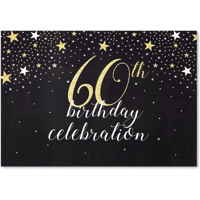 60th Birthday Celebration Photo Booth Backdrop, Photography Background in Black and Glitter Gold Stars for Birthday Party Decorations, 7 x 5 feet