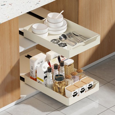 Multi-Purpose Kitchen Organizers and Storage, Expandable Pull Out Cabinet Shelves Fixed With Adhesive Film, Slide Out Drawers